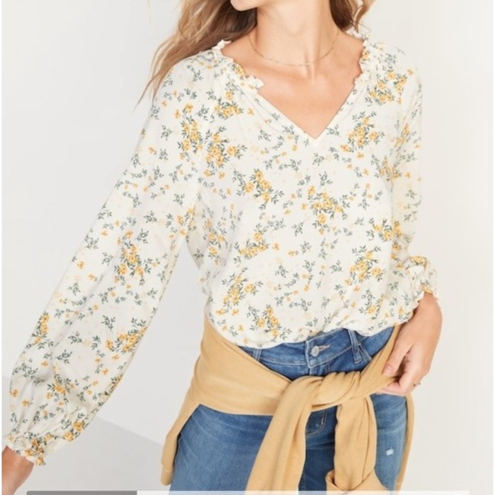 Old Navy Ditsy Floral V Neck Ultra Soft Rayon Puff Sleeve Pullover Top Large